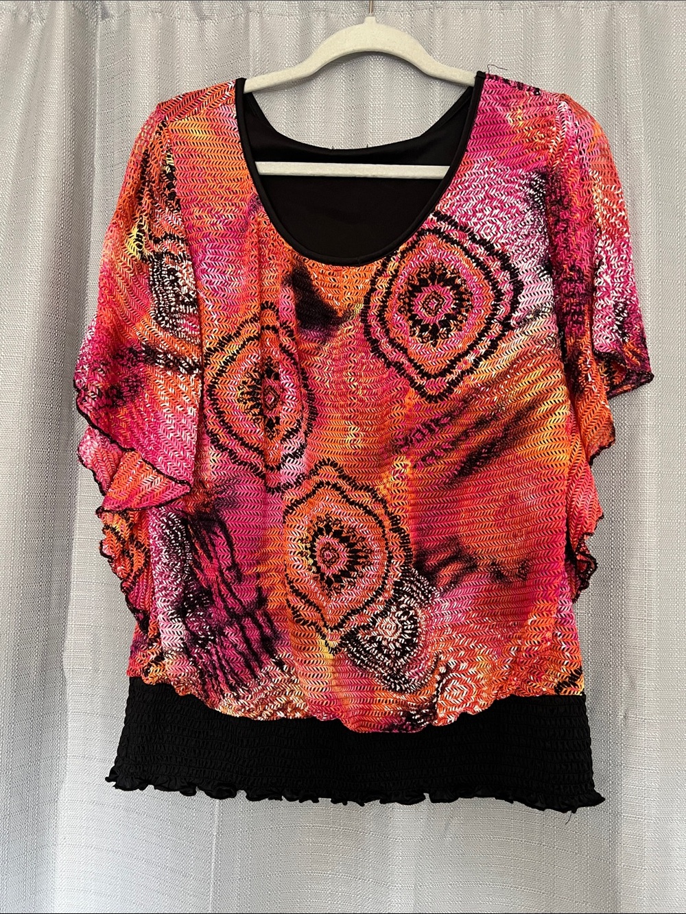 Vibrant Pink & Orange Patterned Flutter Sleeve Top